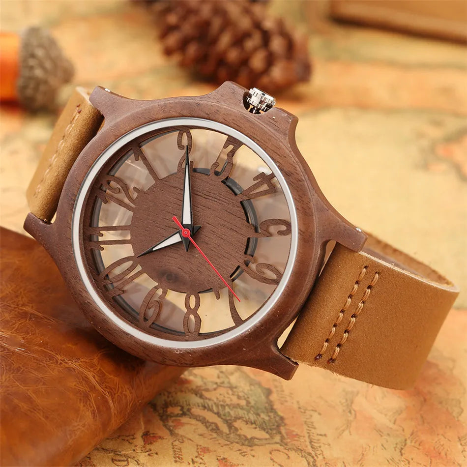 vastara transparent hollow arabic numerals display 's wood chic genuine leather watch 5 - classic unisex timepiece with