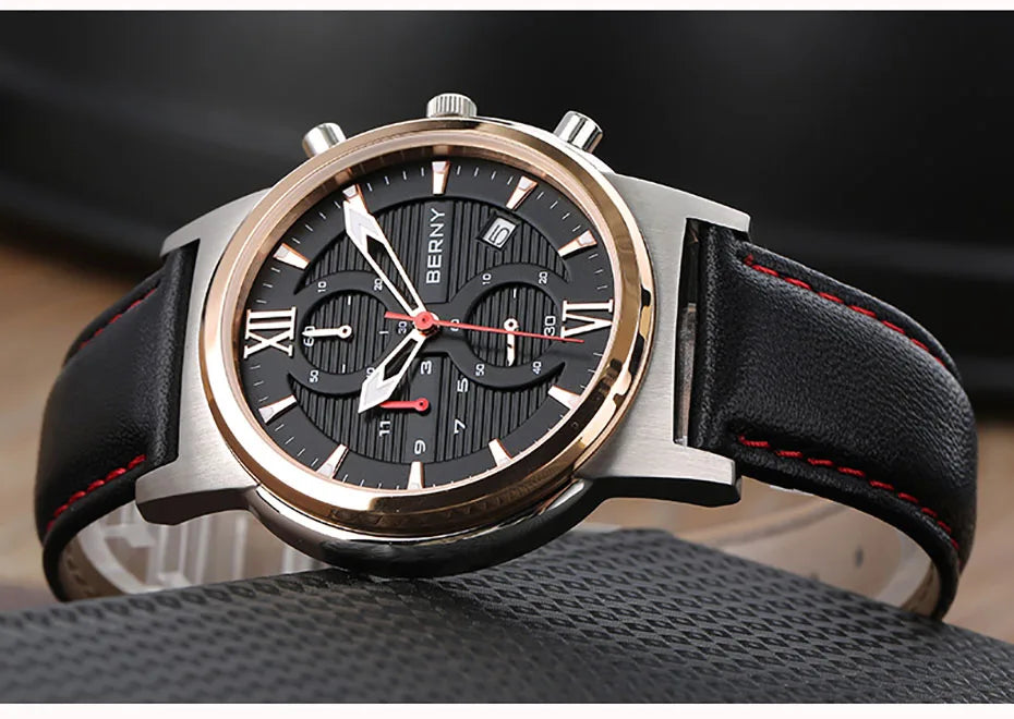 BERNY Men Quartz Watch Calendar Waterproof Leather - Product Image 9