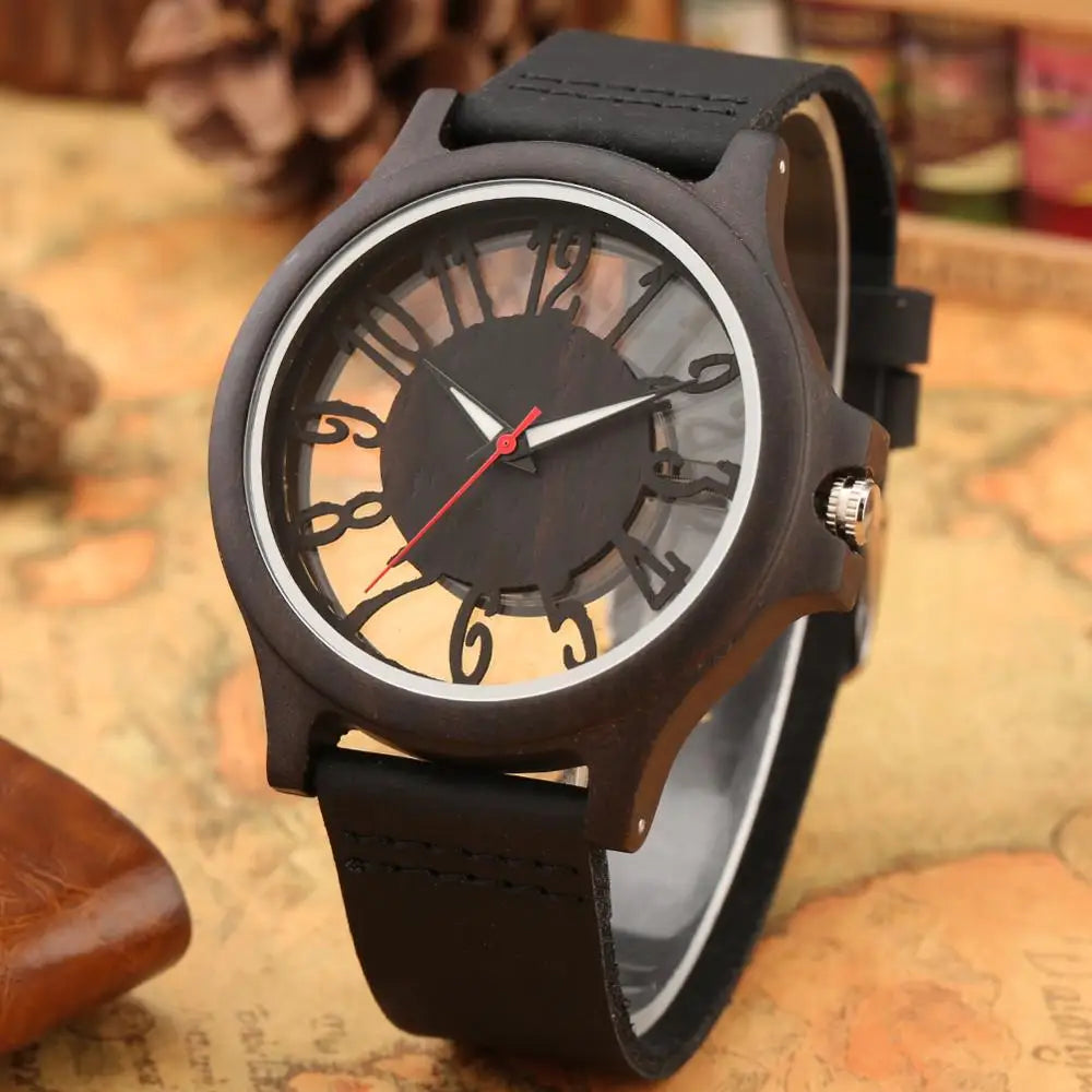 unisex classic watch vastara retro hollow transparent dial wooden es s clock s es retro leather clock relogio masculino -