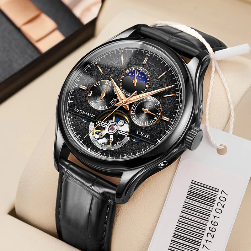 vastara - aeternum automatic mechanical moon phase leather watch for watch 9 - elegant unisex timepiece with waterproof (USA)