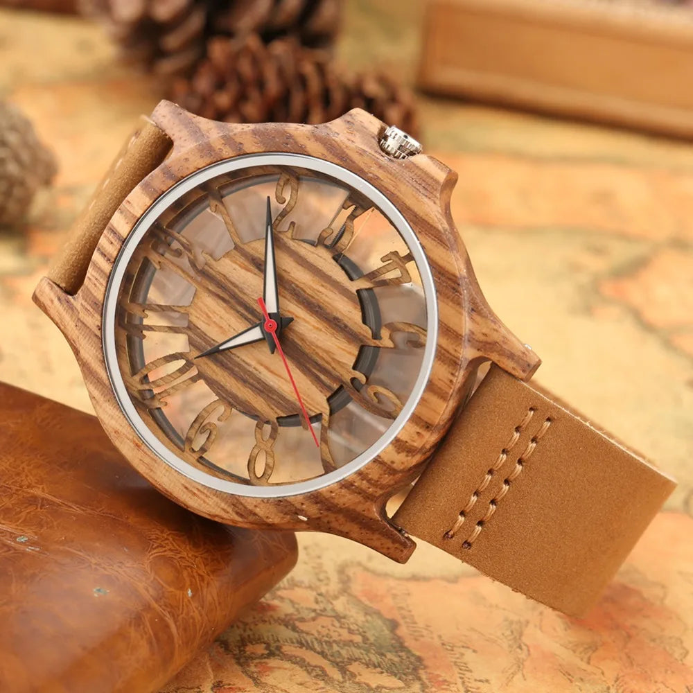 vastara retro hollow transparent dial wooden es s clock s es retro leather clock relogio masculino watch 13 - classic unisex