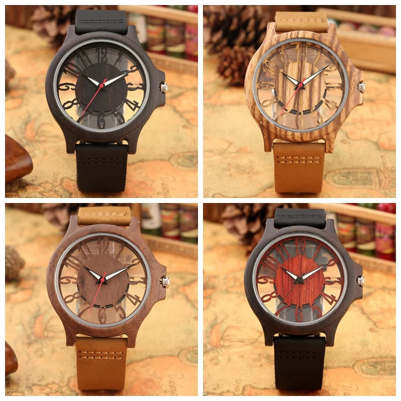 VASTARA vastara retro hollow transparent dial wooden es s clock s es retro leather clock relogio masculino unisex timepiece