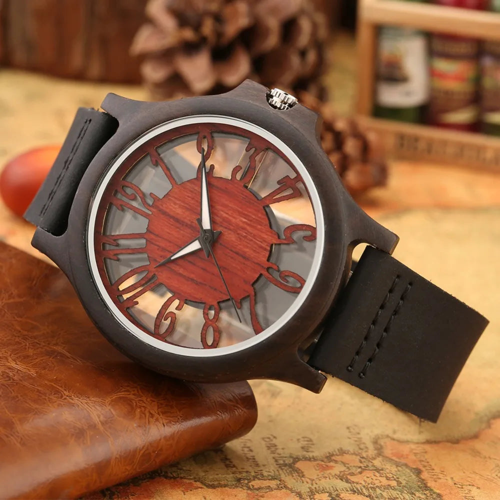 vastara retro hollow transparent dial wooden es s clock s es retro leather clock relogio masculino watch 17 - classic unisex