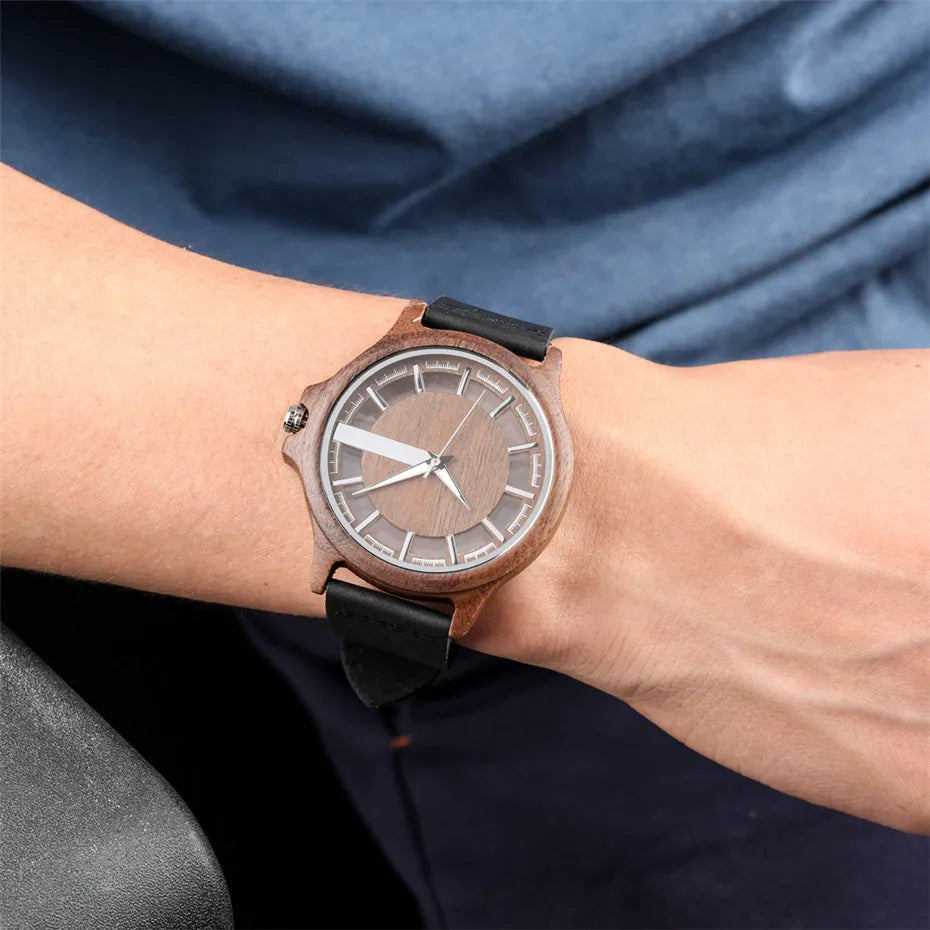 vastara transparent hollow dial coffee/brown/black wood es genuine leather band creative 's watch 6 - casual unisex