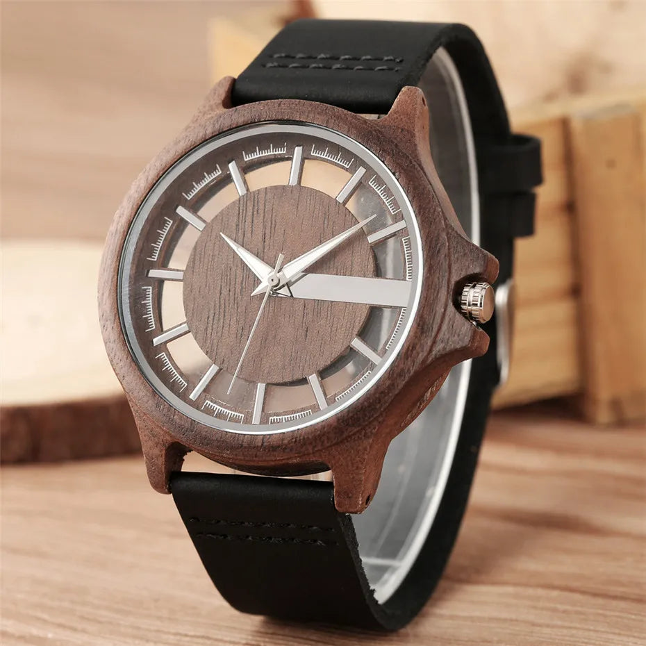 vastara transparent hollow dial coffee/brown/black wood es genuine leather band creative 's - casual unisex watch with