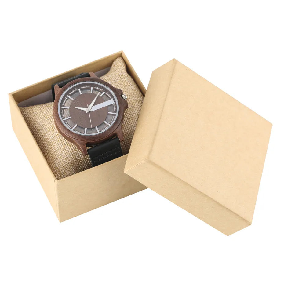 vastara transparent hollow dial coffee/brown/black wood es genuine leather band creative 's watch 27 - casual unisex