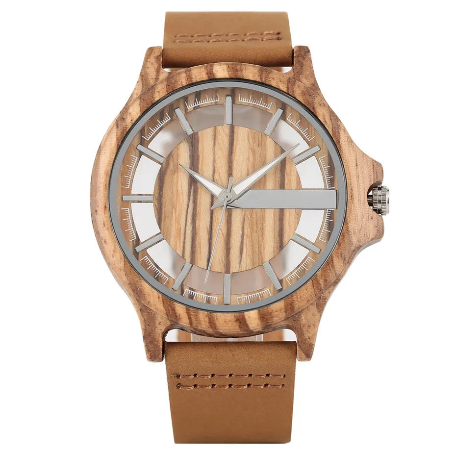 vastara transparent hollow dial coffee/brown/black wood es genuine leather band creative 's watch 24 - casual unisex