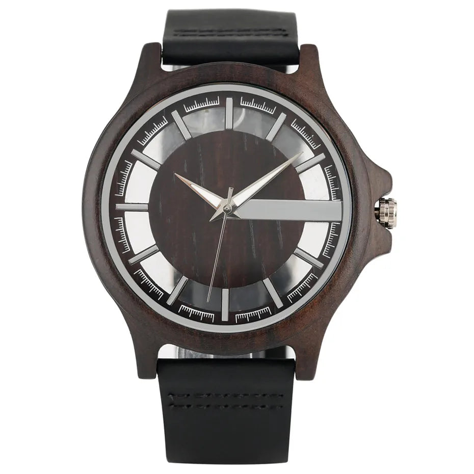 vastara transparent hollow dial coffee/brown/black wood es genuine leather band creative 's watch 28 - casual unisex