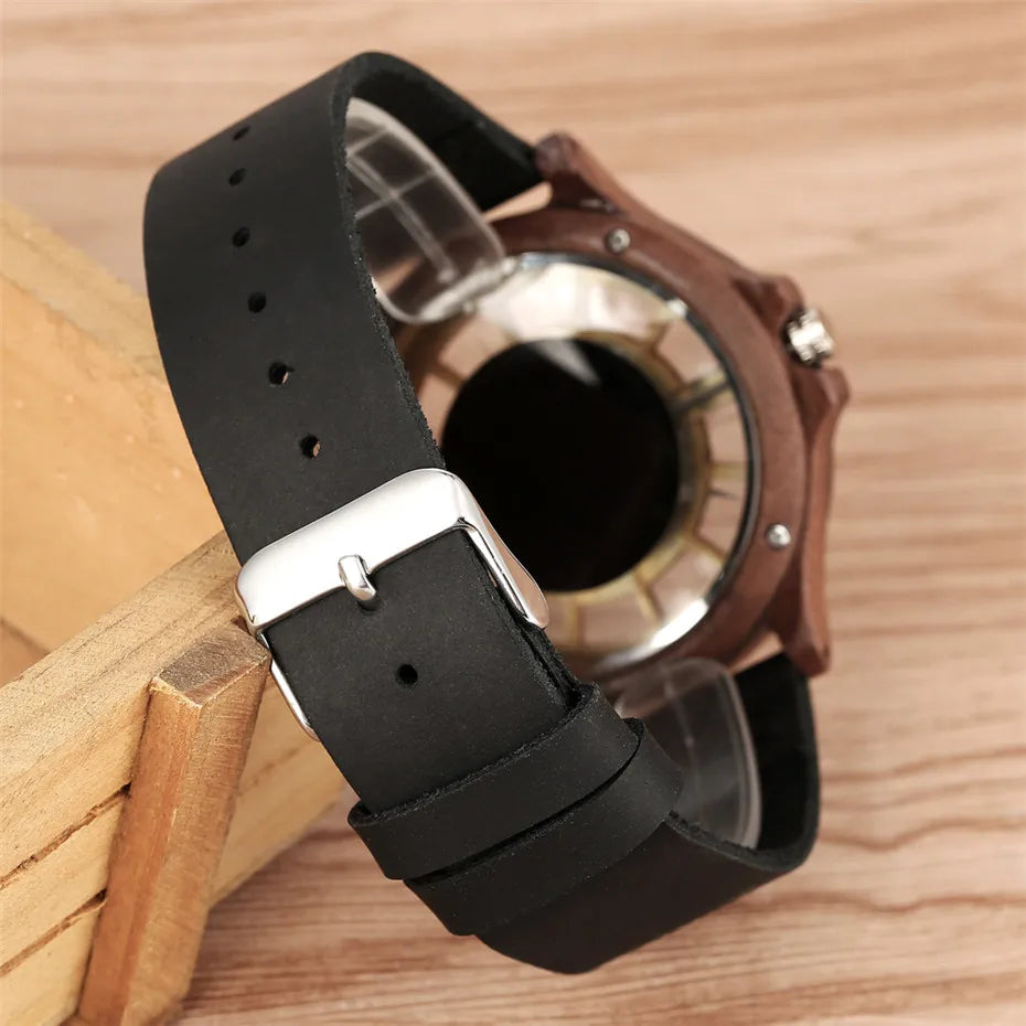 vastara transparent hollow dial coffee/brown/black wood es genuine leather band creative 's watch 5 - casual unisex