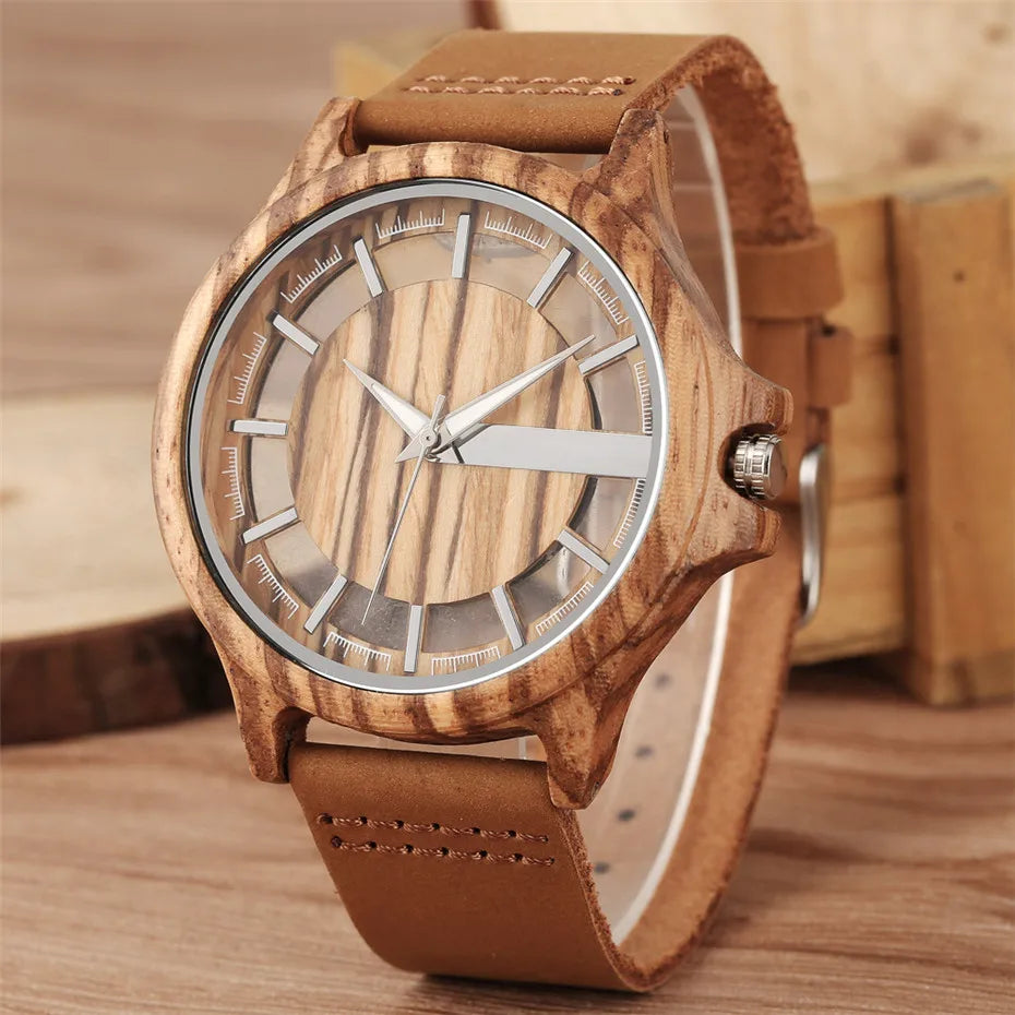 VASTARA vastara transparent hollow dial coffee/brown/black wood es genuine leather band creative 's unisex timepiece -