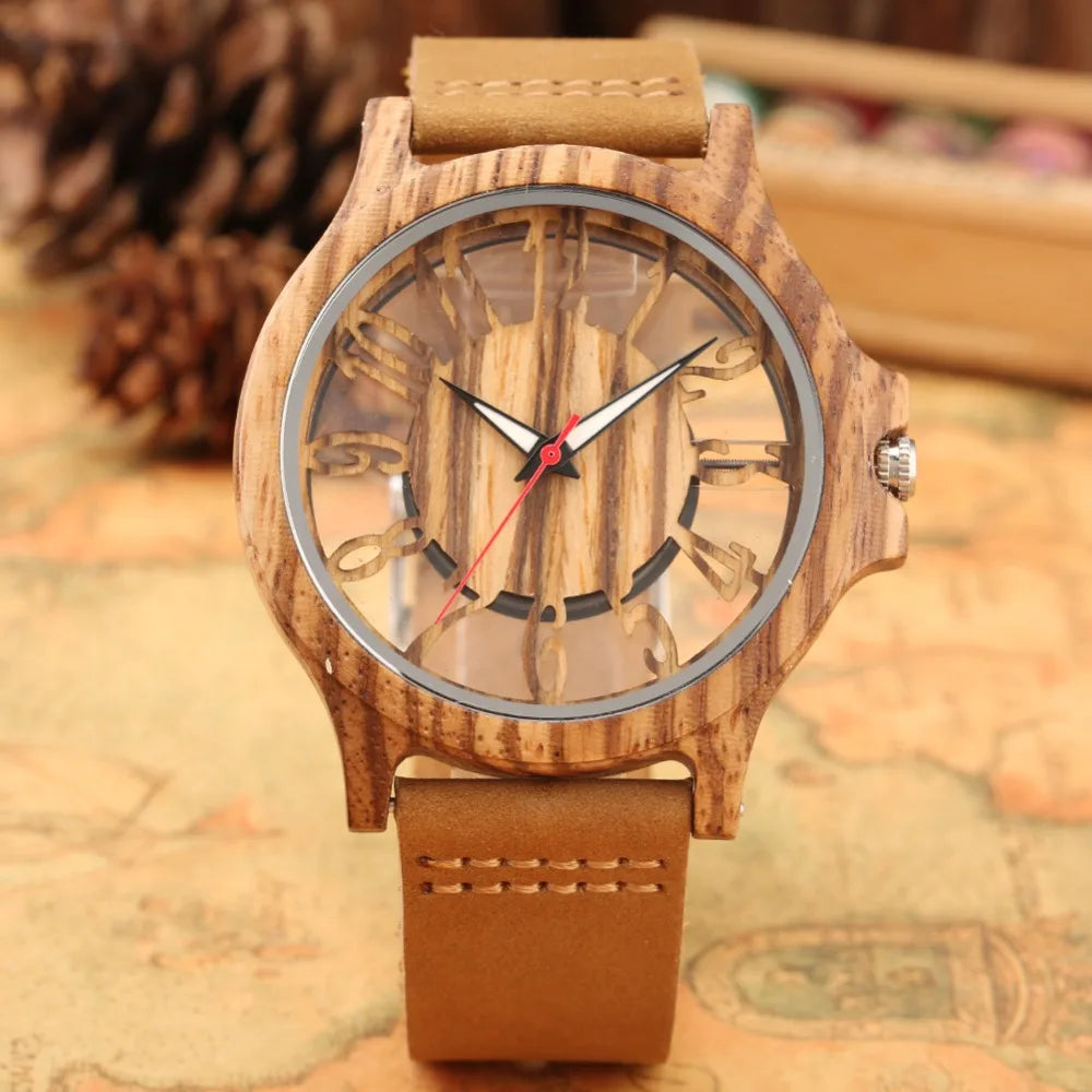 vastara retro hollow transparent dial wooden es s clock s es retro leather clock relogio masculino watch 11 - classic unisex