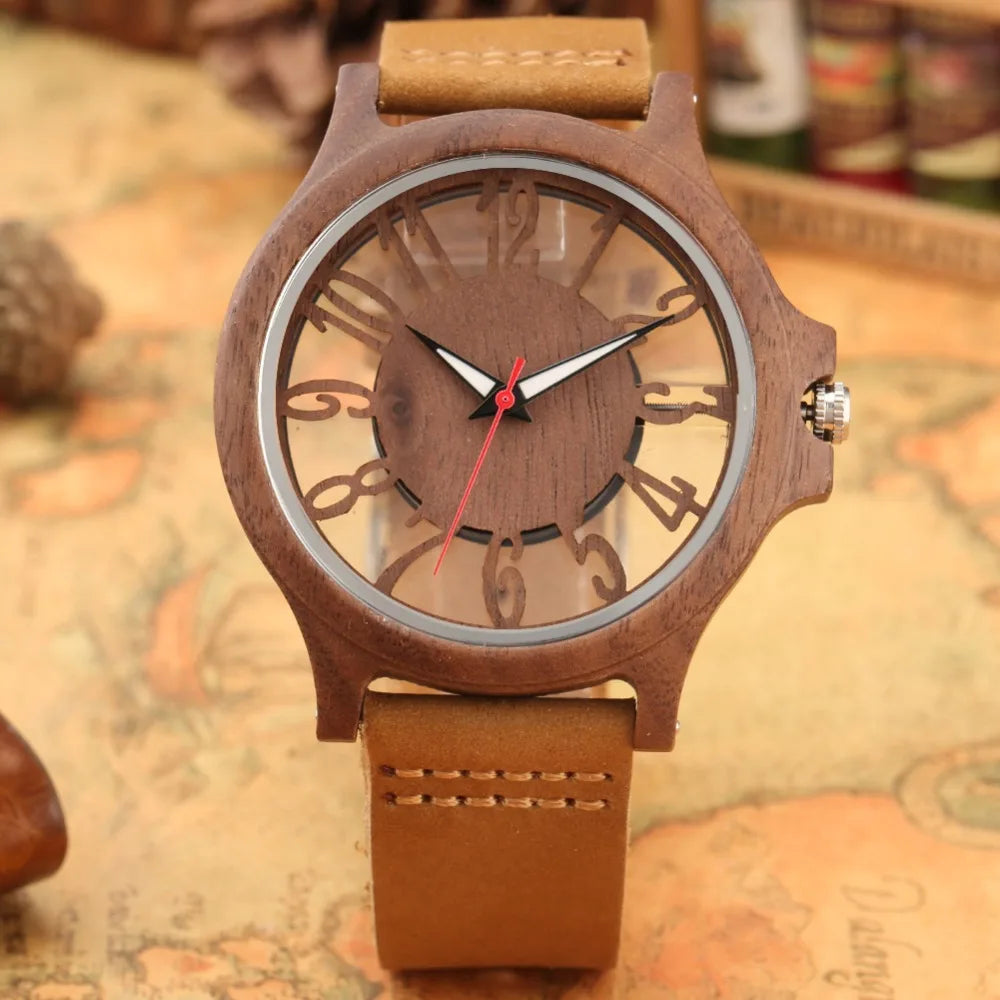 vastara retro hollow transparent dial wooden es s clock s es retro leather clock relogio masculino watch 19 - classic unisex