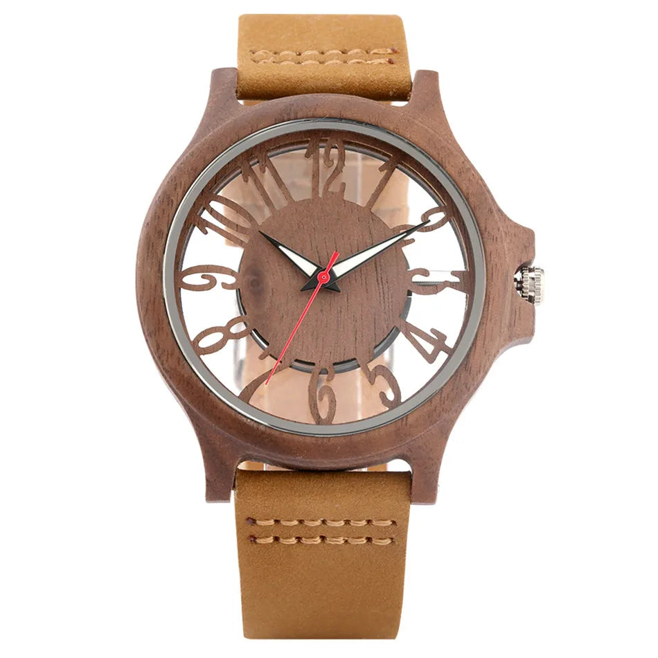 vastara transparent hollow arabic numerals display 's wood chic genuine leather watch 29 - classic unisex timepiece with