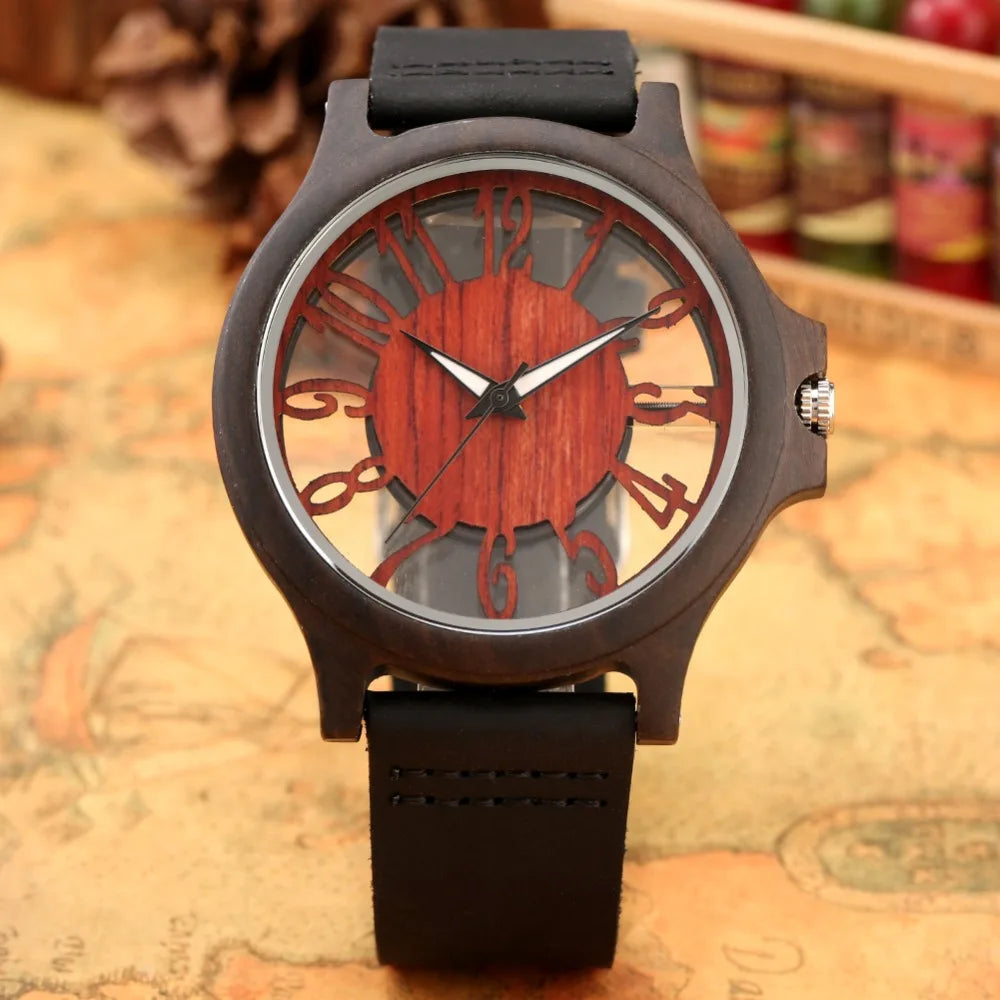 vastara retro hollow transparent dial wooden es s clock s es retro leather clock relogio masculino watch 15 - classic unisex