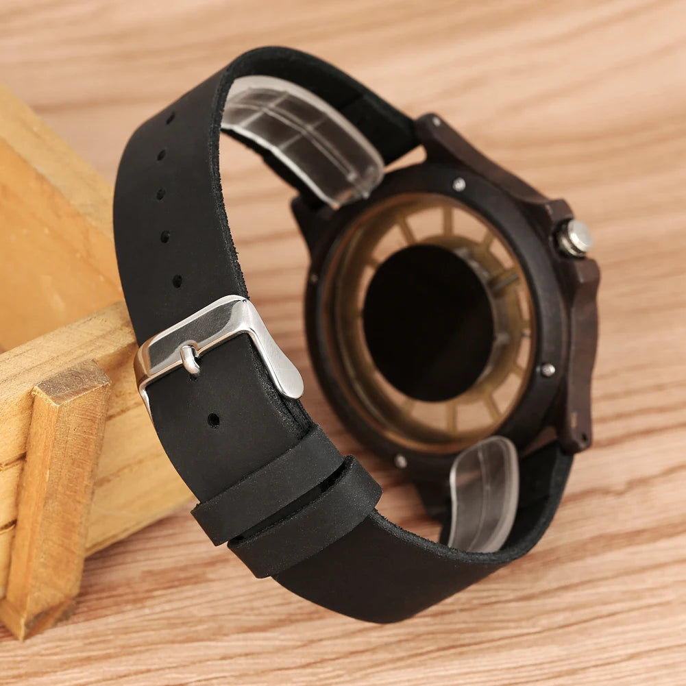 vastara ebony wood 's transparent hollow dial wooden es analog vintage clock reloj de madera watch 5 - vintage unisex