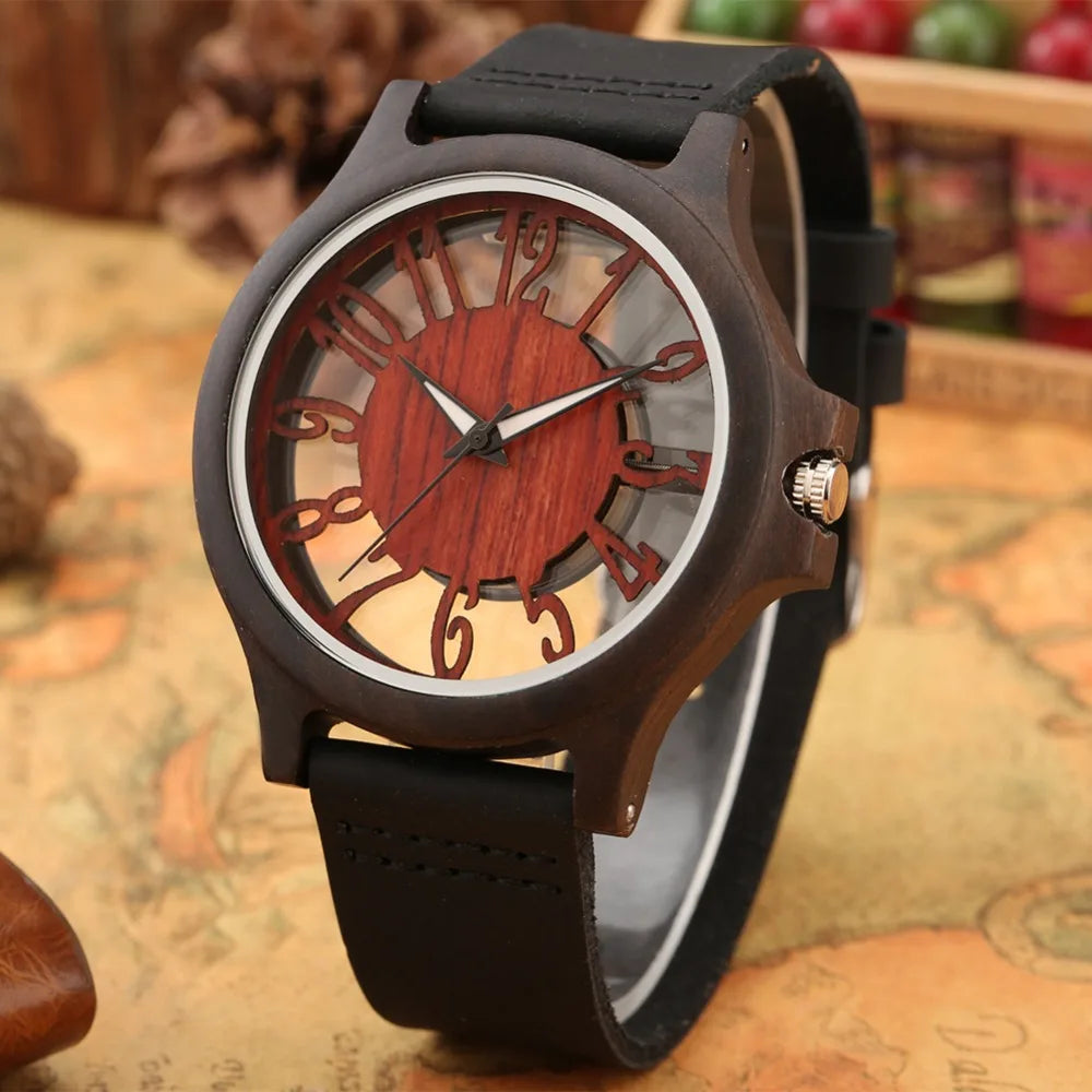 vastara retro hollow transparent dial wooden es s clock s es retro leather clock relogio masculino watch 16 - classic unisex