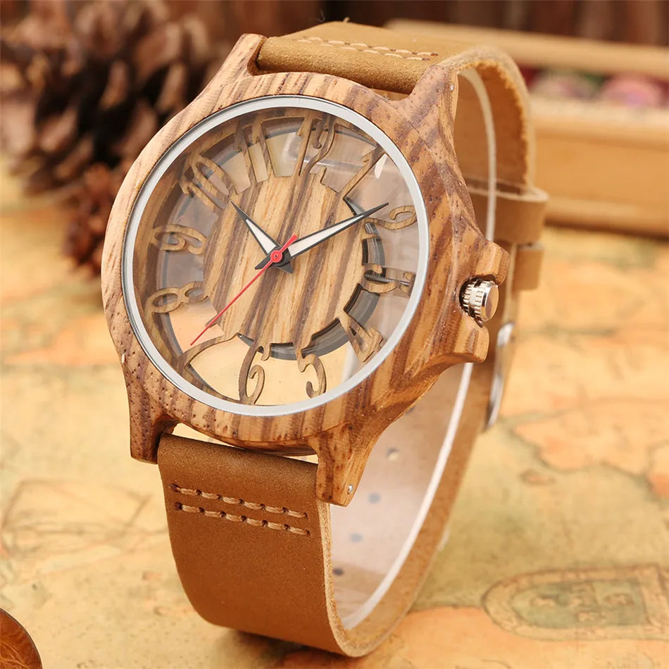 unisex classic watch vastara transparent hollow arabic numerals display 's wood chic genuine leather - daily wear timepiece
