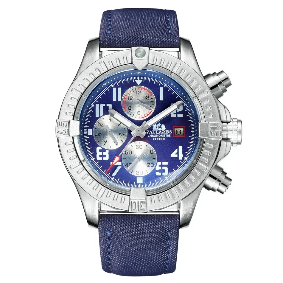 vastara s self wind canvas genuine black blue leather multifunction date month luminous watch 45 - classic unisex timepiece