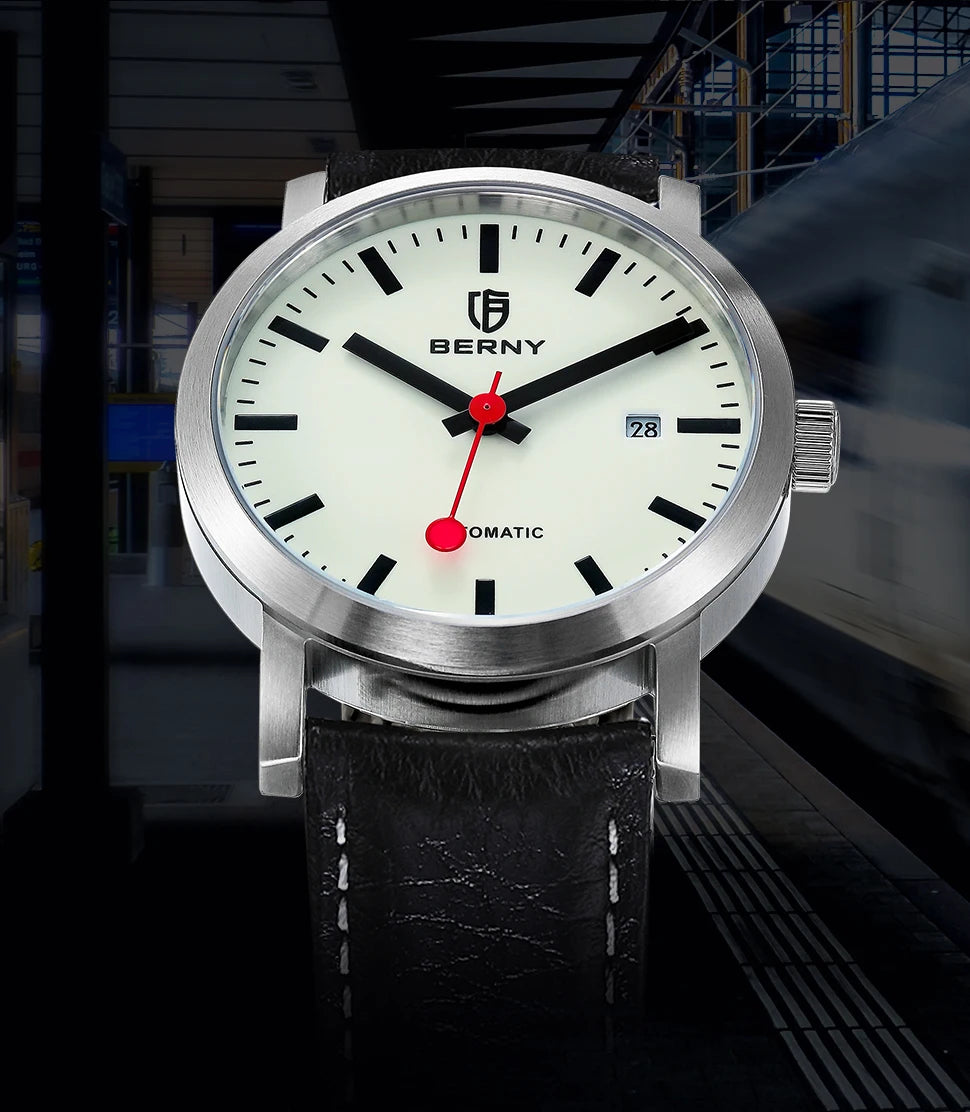 vastara berny for self-wind sappire miyota luminous railroad watch 8 - casual unisex timepiece with stainless steel (USA)