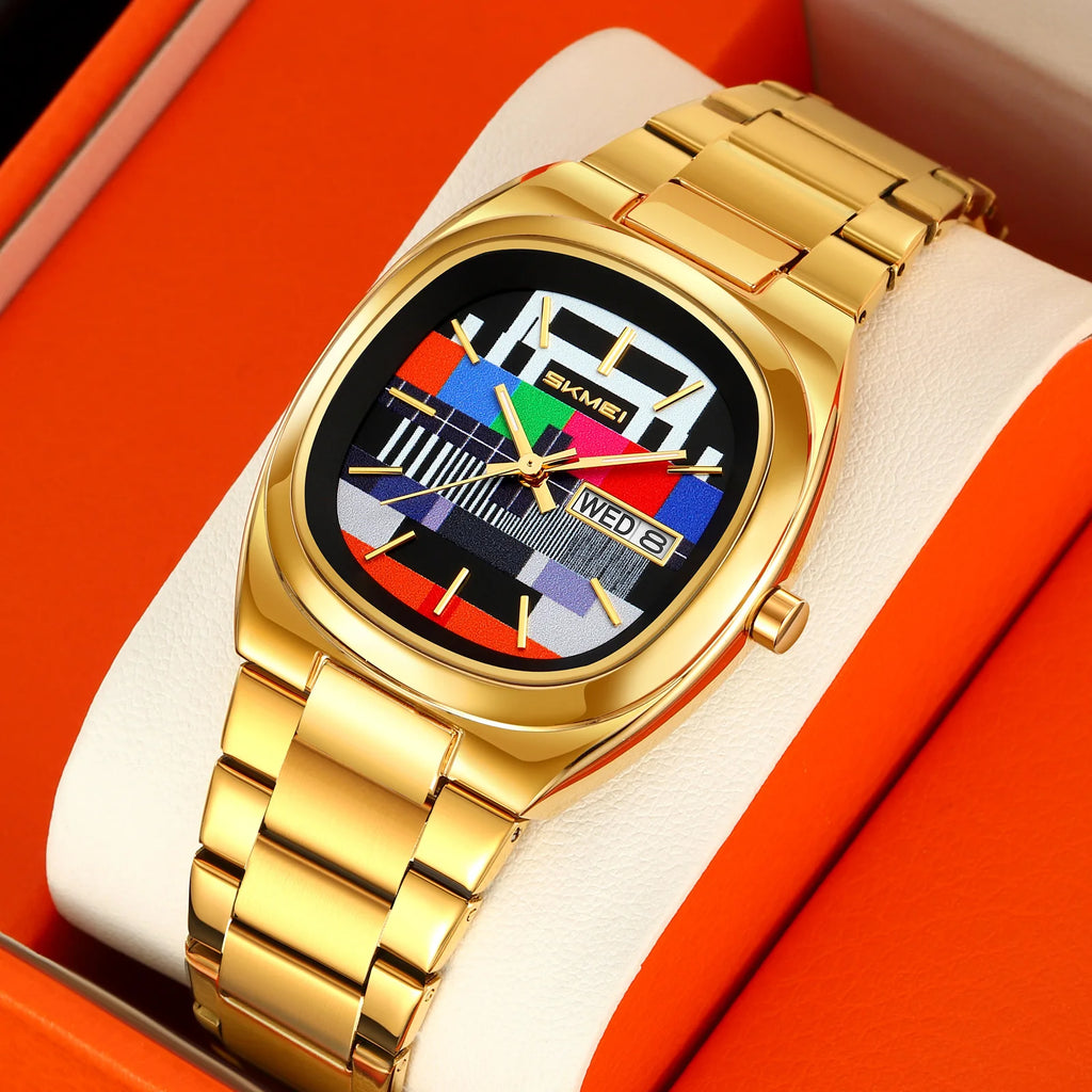unisex vintage watch vastara skmei retro gold oval watch tv pattern dial 30m - daily wear timepiece with gold dial (USA)