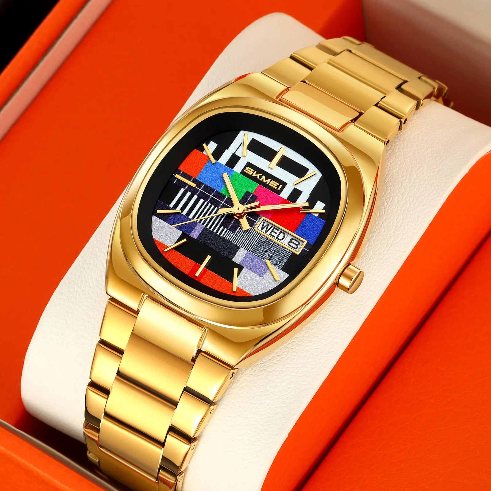 unisex vintage watch vastara skmei retro gold oval watch tv pattern dial 30m - daily wear timepiece with gold dial (USA)