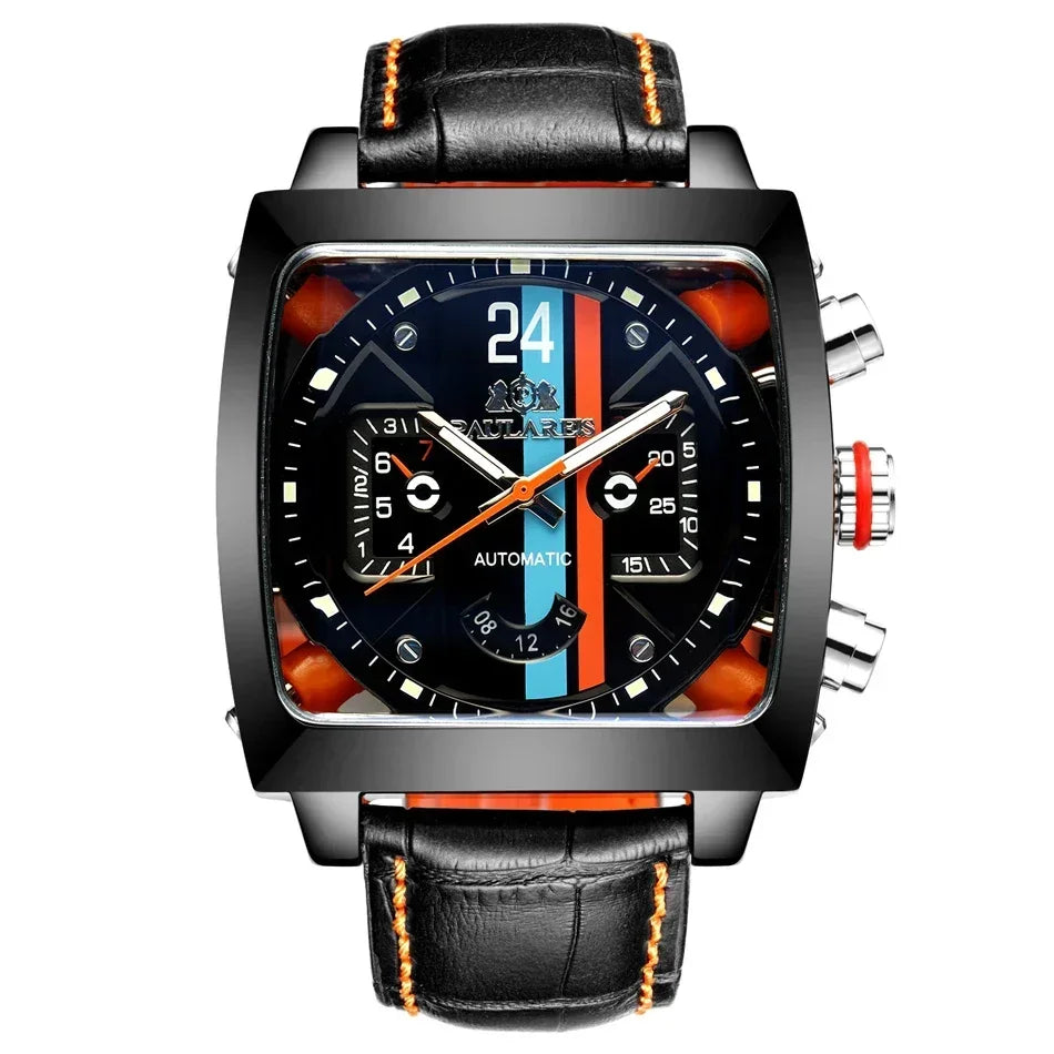 vastara leather stainless steel black orange casual 40mm perspective see through watch 8 - casual unisex timepiece with