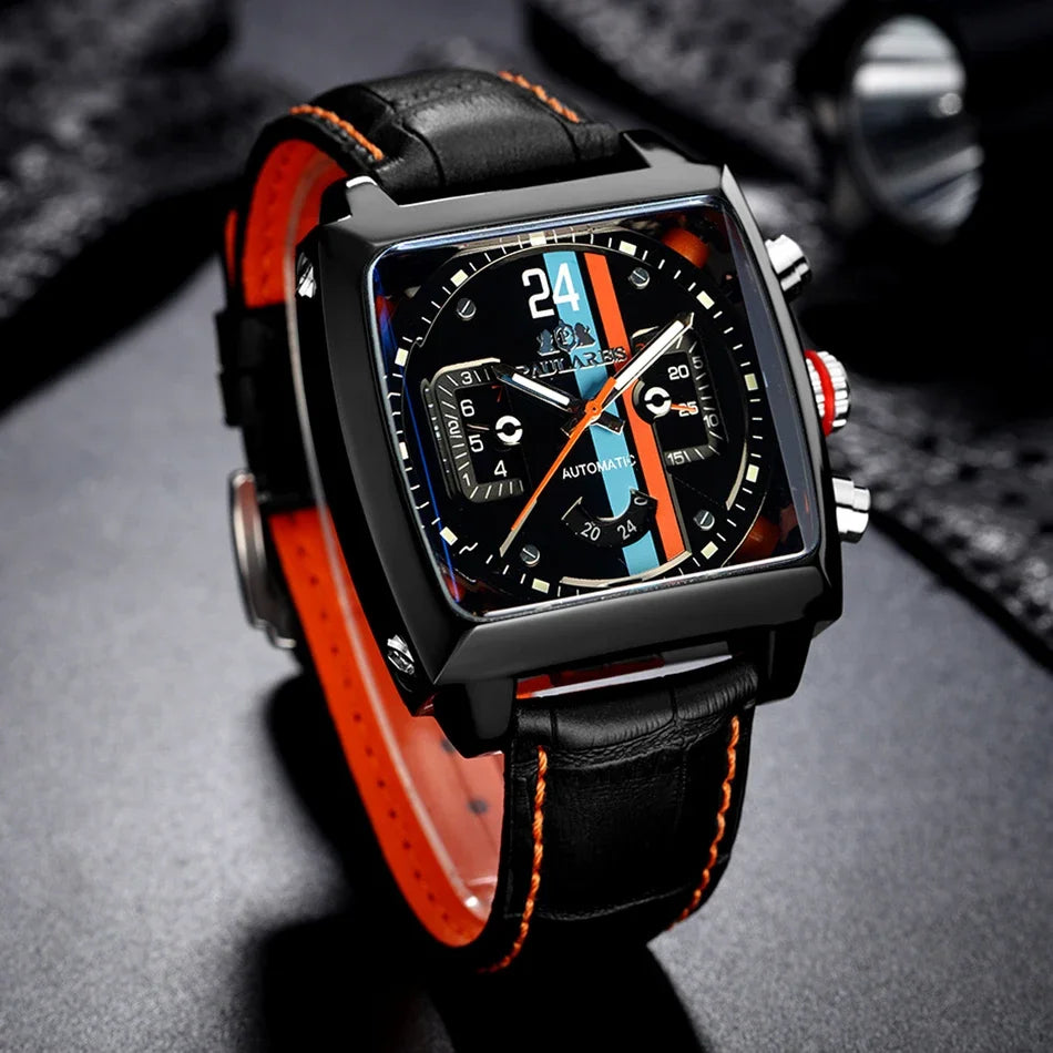 vastara leather stainless steel black orange casual 40mm perspective see through watch detail - reliable movement, stainless