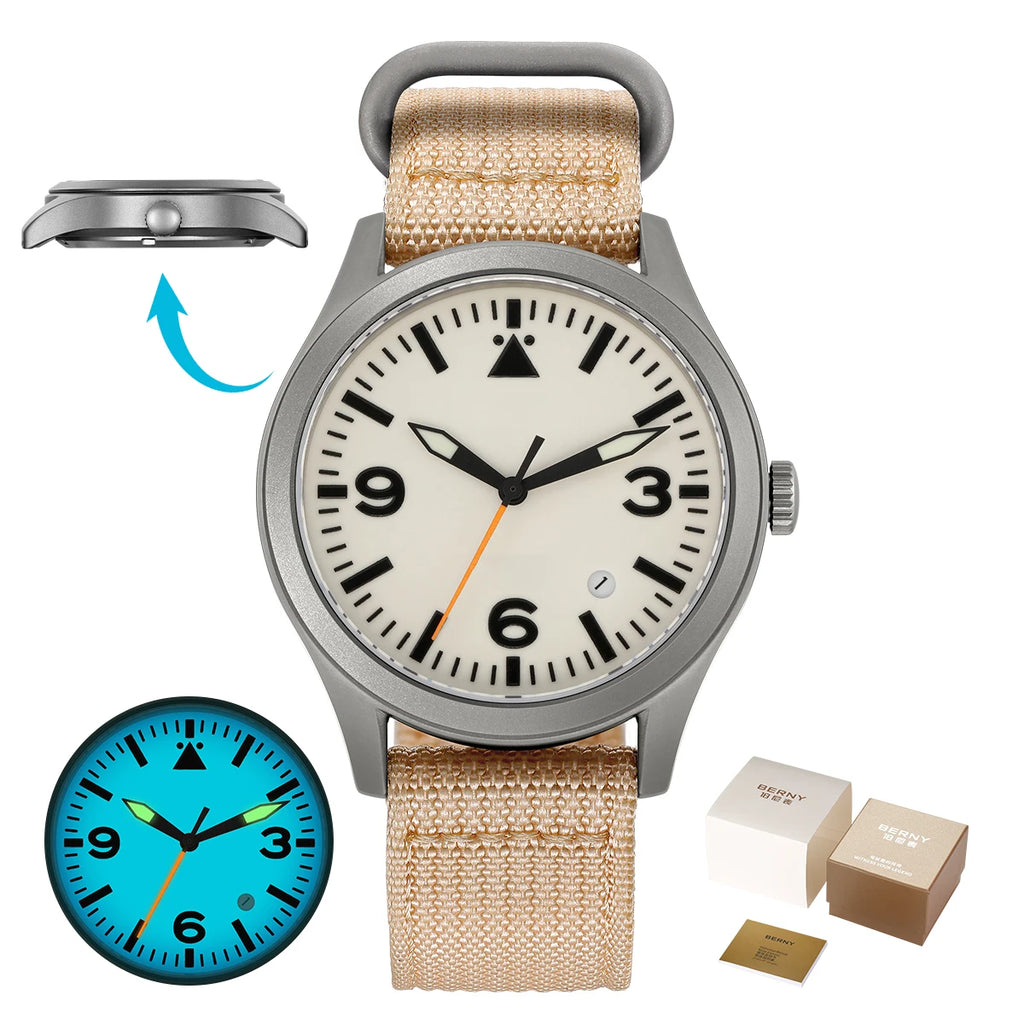 vastara berny pilot titanium sapphire ar coating supper luminous 10bar sport titanium aviation watch 42 - classic unisex