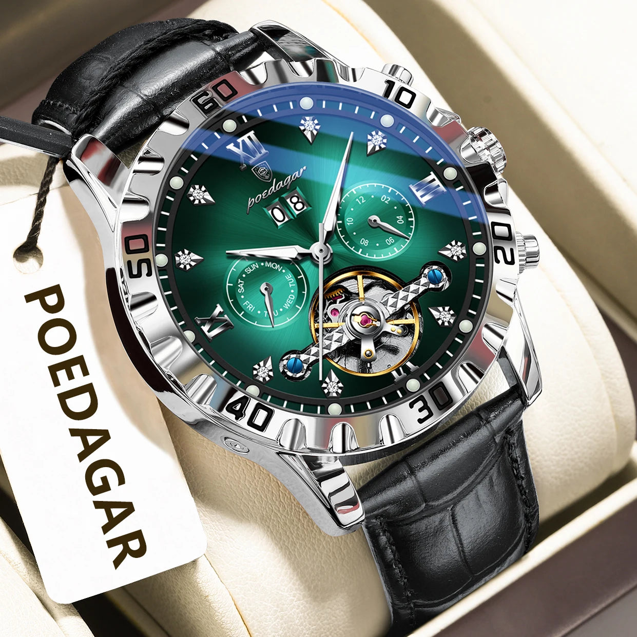 vastara genuine leather sapphire poedagar hollow tourbillon watch 7 - classic unisex timepiece with stainless steel (USA)
