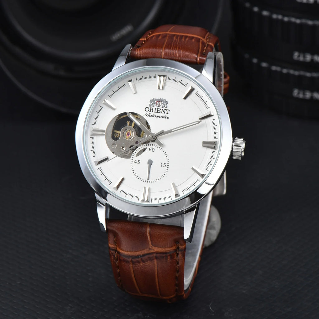 vastara orient double lion japanese fully hollowed out business 's leather strap watch 14 - business unisex timepiece with