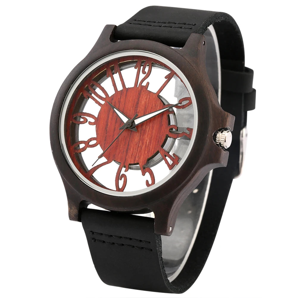 vastara transparent hollow arabic numerals display 's wood chic genuine leather watch 22 - classic unisex timepiece with