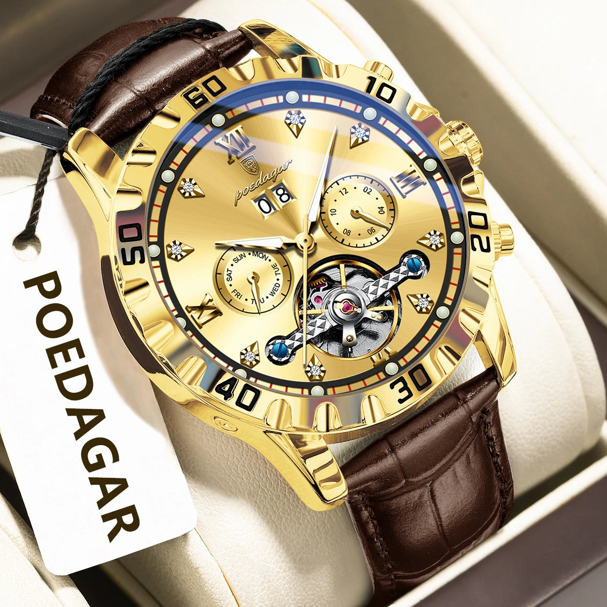 vastara genuine leather sapphire poedagar hollow tourbillon watch 8 - classic unisex timepiece with stainless steel (USA)