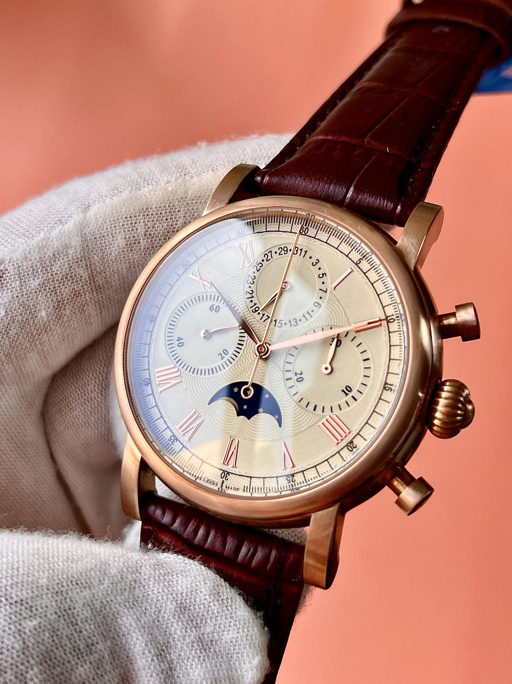 vastara sapphire retro bronze shell moon phase s - genuine leather design - classic unisex watch with stainless steel in