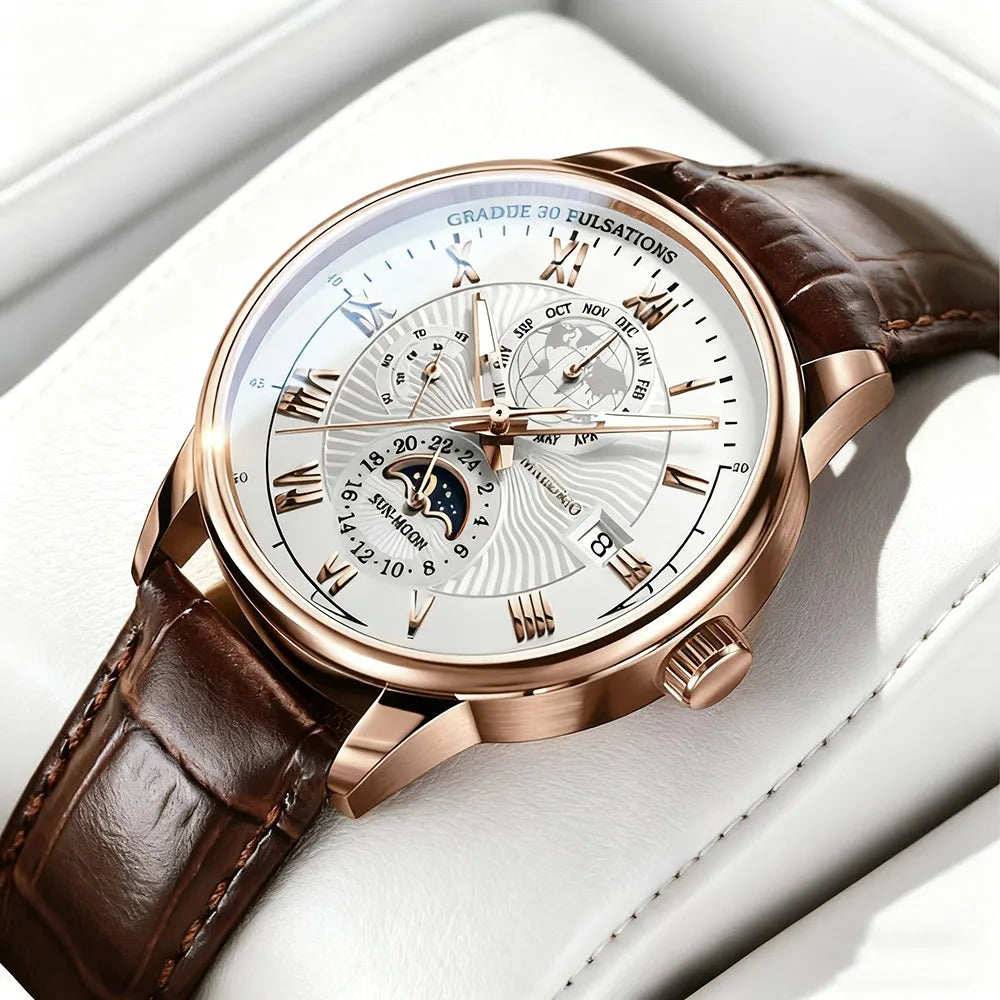 vastara - lunasphere chronomaster watch watch detail - reliable movement, leather strap, waterproof casual design (USA)