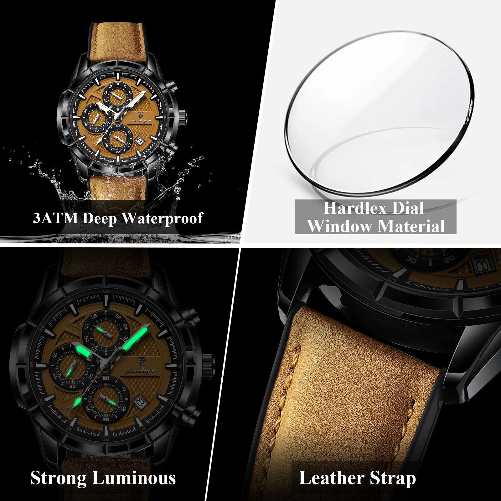 vastara chronograph poedagar original leather - genuine leather watch detail - reliable movement, chronograph, waterproof