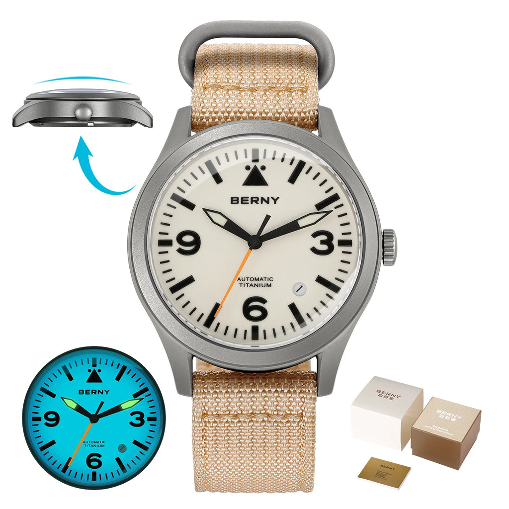 vastara berny pilot titanium sapphire ar coating supper luminous 10bar sport titanium aviation watch 50 - classic unisex