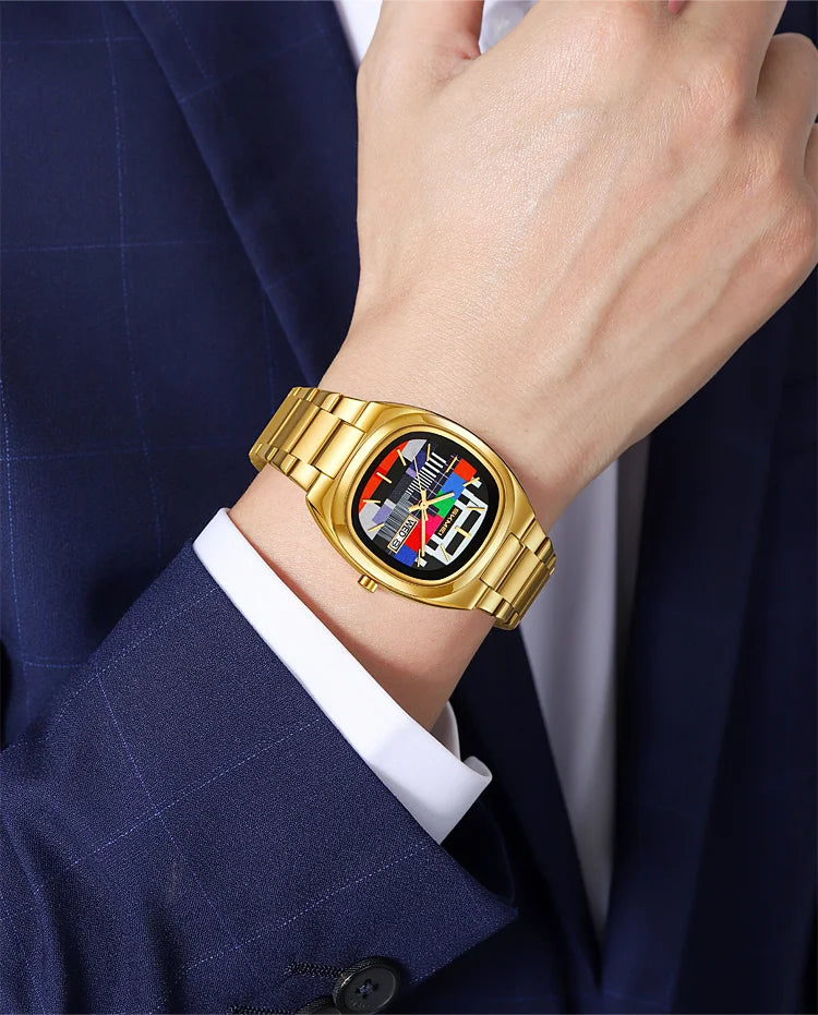 vastara skmei retro gold oval watch tv pattern dial 30m watch 7 - vintage unisex timepiece with stainless steel (USA)