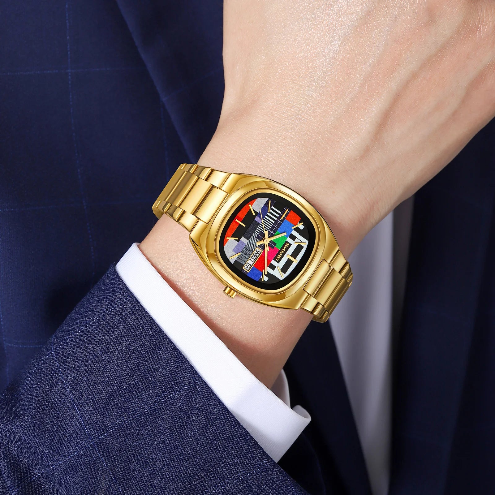 vastara skmei retro gold oval watch tv pattern dial 30m watch 5 - vintage unisex timepiece with stainless steel (USA)