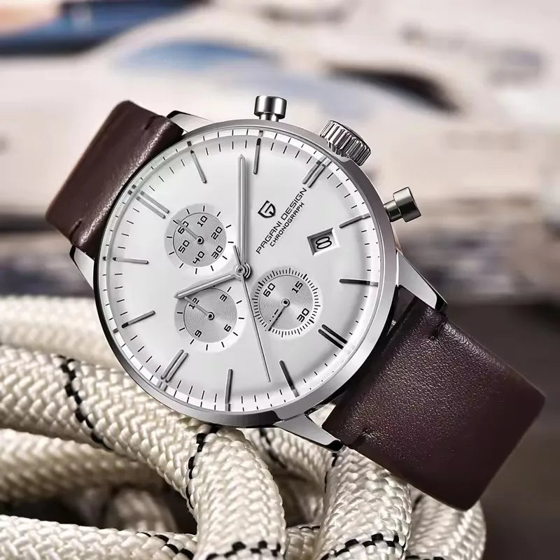 vastara genuine leather pagani design es multi time zone - classic unisex watch with stainless steel in white stainless