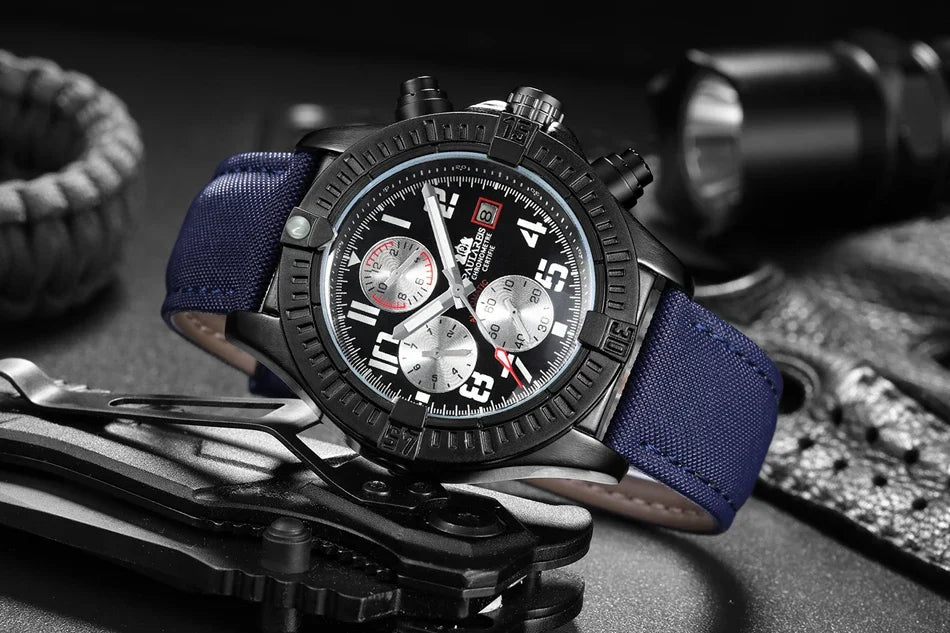 vastara s self wind canvas genuine black blue leather multifunction date month luminous watch 33 - classic unisex timepiece