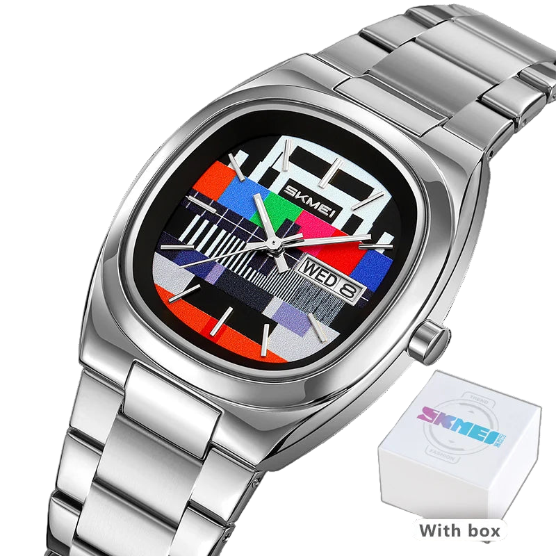 vastara skmei retro gold oval watch tv pattern dial 30m watch detail - reliable movement, stainless steel, waterproof