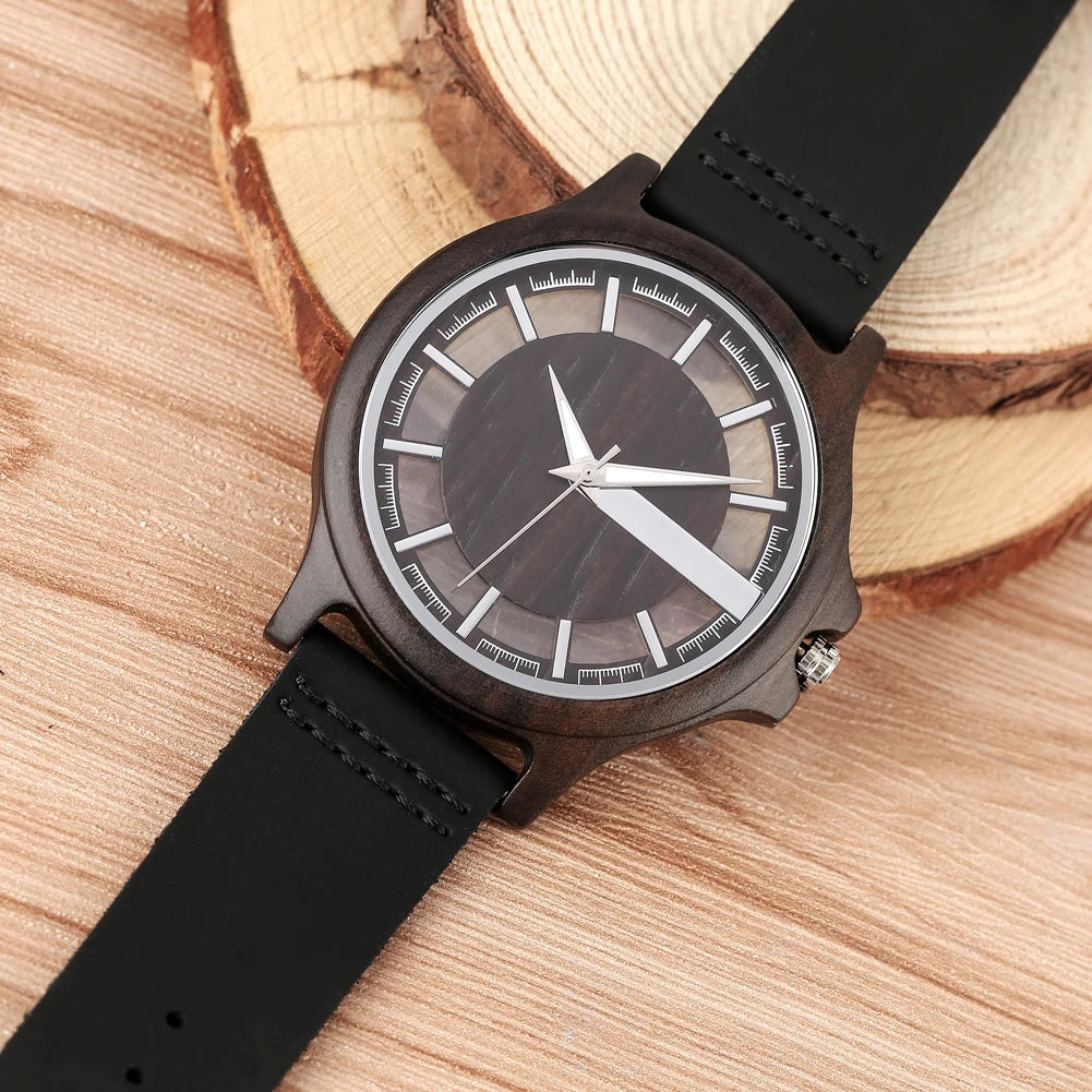 vastara transparent hollow dial coffee/brown/black wood es genuine leather band creative 's watch 10 - casual unisex
