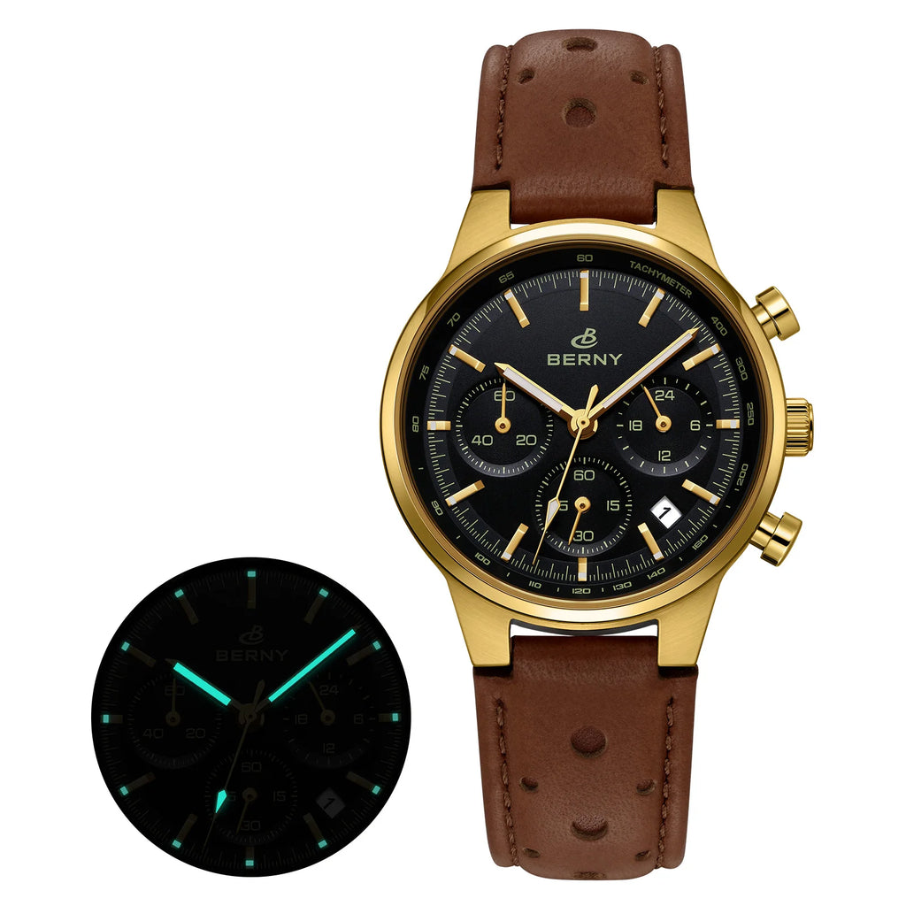 VASTARA vastara berny chronograph sports for sapphire retro leather unisex timepiece - chronograph stainless steel watch