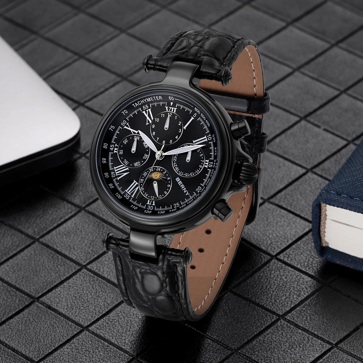 vastara retro for sun moon phase: genuine leather genuine leather watch 8 - classic unisex timepiece with stainless steel