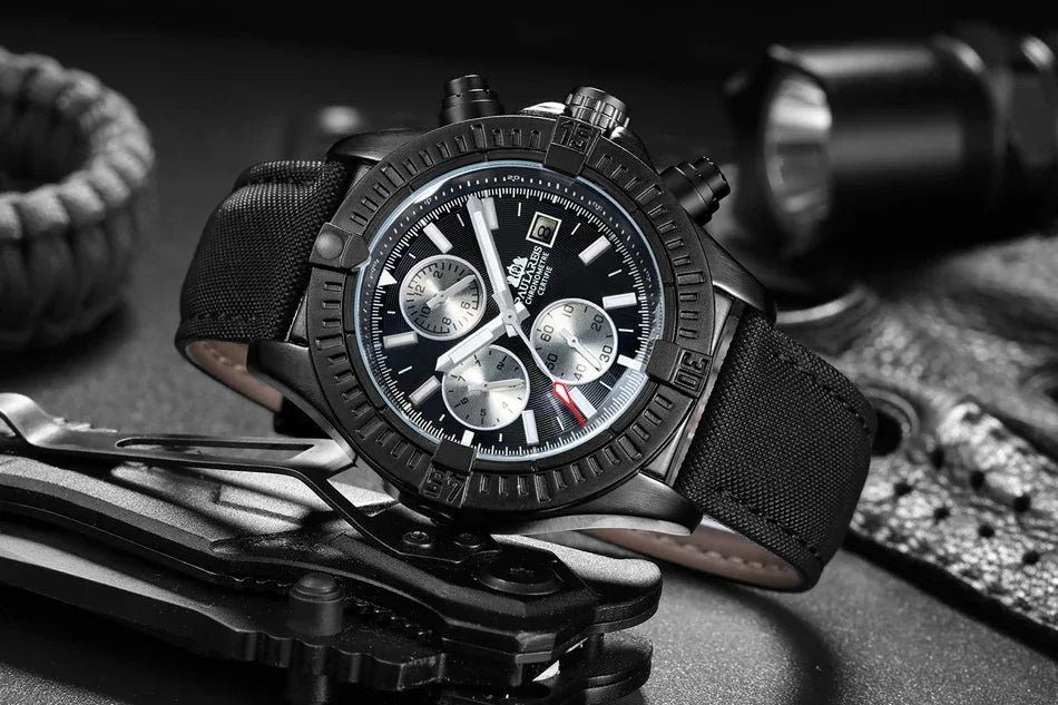 vastara s self wind canvas genuine black blue leather multifunction date month luminous watch 23 - classic unisex timepiece