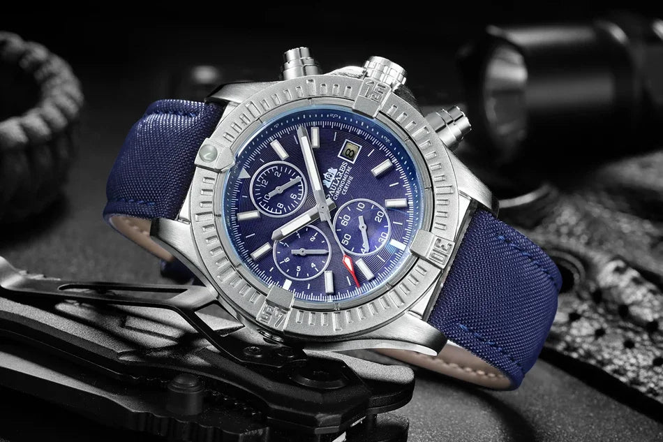 vastara s self wind canvas genuine black blue leather multifunction date month luminous watch 17 - classic unisex timepiece