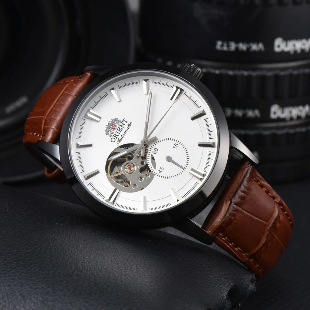 vastara orient double lion japanese fully hollowed out business 's leather strap watch 19 - business unisex timepiece with