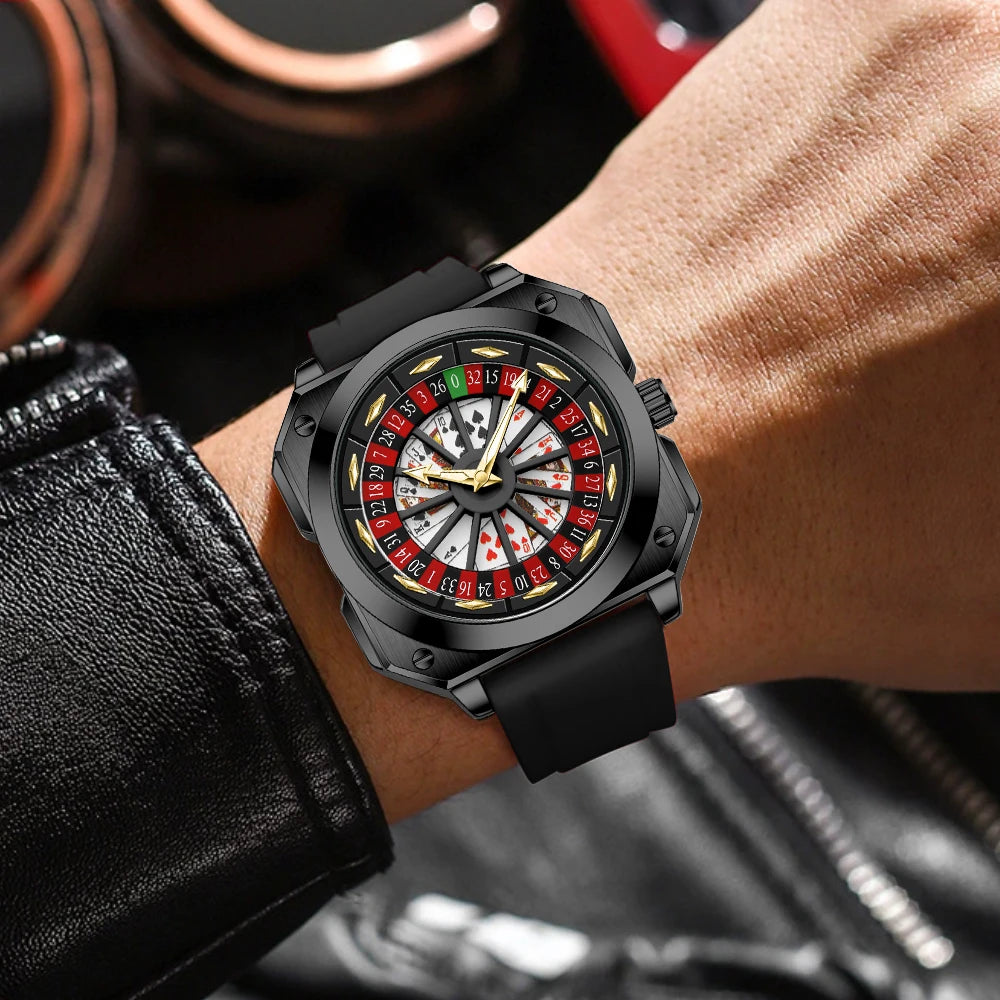 Creative Men Watch Fashion Roulette Original Quartz Movement Silicone Red Black Sports Square Rotating Night Light Watch f...