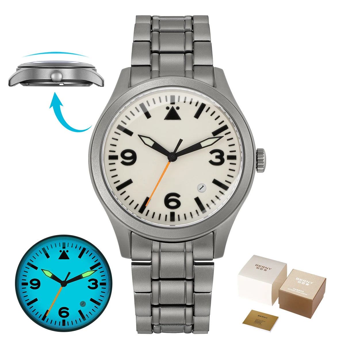 vastara berny pilot titanium sapphire ar coating supper luminous 10bar sport titanium aviation watch 47 - classic unisex