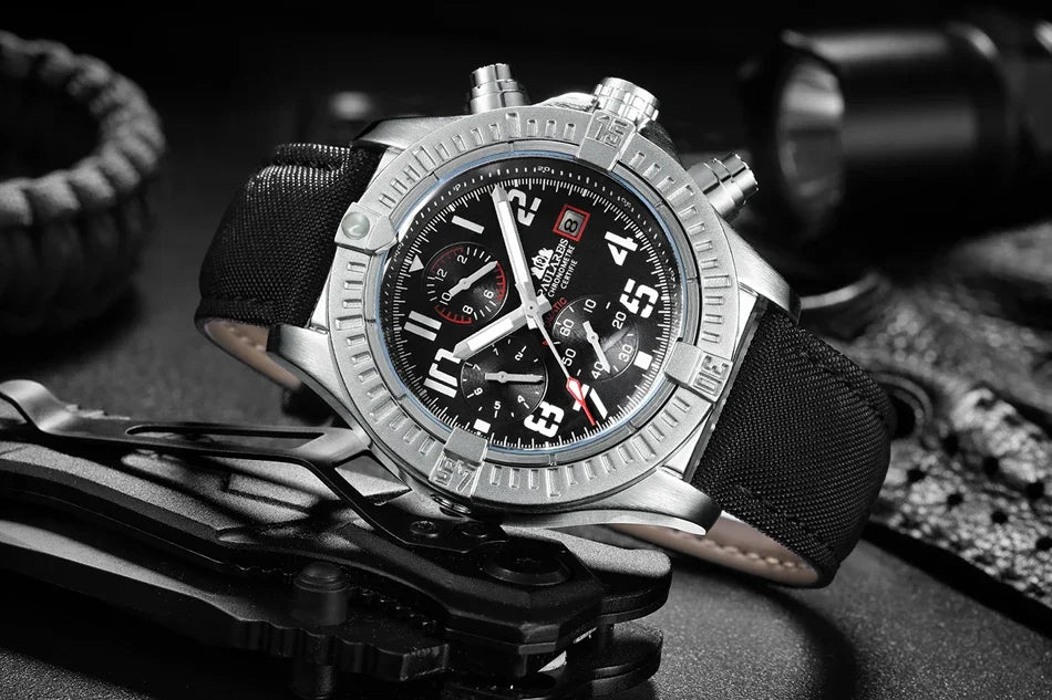 vastara s self wind canvas genuine black blue leather multifunction date month luminous watch 31 - classic unisex timepiece